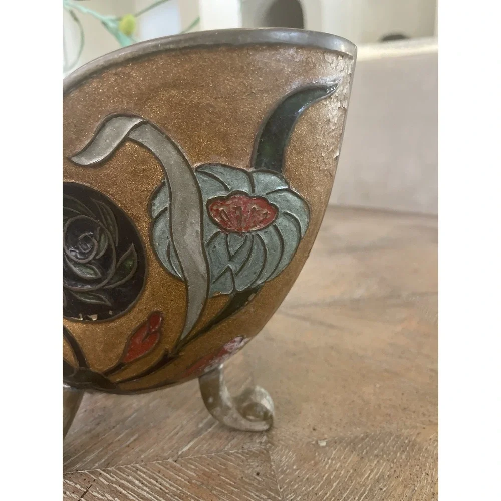 Vtg Antique Brass & Enamel Floral Cloisonné Nautilus Shell‎ Vase Urn 6